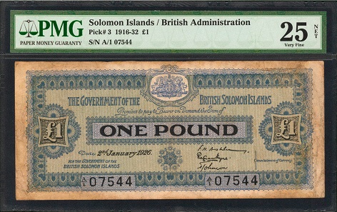Solomon Islands. Government of the British Solomon Islands. 1 Pound, 2.1.1926. P-3. PMG Very Fine 25 Net. Restorations, Annotation.