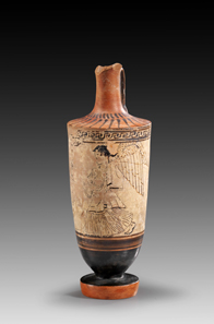 Lot 15: Attic lekythos, circle of Aischines Painter. Around 450 BC. H 16.8 cm. From the Lord Elgin Collection, published in Münzen und Medaillen AG, Basel, Sonderliste N (May 1971), 48. Mouth missing, foot and small hole on the head’s back restored. Color partially worn off. Estimate: 800,- euros. Hammer price: 1,200 euros.