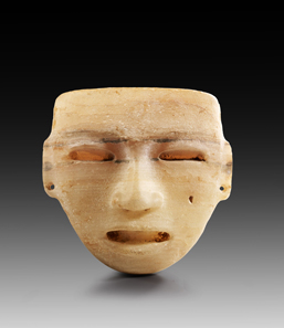 Lot 591: Stone mask. Teotihuacan, AD 100-650. H 20 cm. W 18.5 cm. Alabaster. From the Prof. Dr. Günther Marschall Collection, Hamburg. Acquired 1967-1975. Four drilled suspension holes, small hole in right check, otherwise intact. Estimate: 3,000,- euros. Hammer price: 14,000 euros.