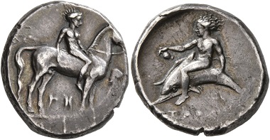 Lot 86: Calabria. Tarentum. Circa 365-355 BC. Didrachm or Nomos. Good very fine. Starting price: 150 CHF. Hammer price: 1,100 CHF.