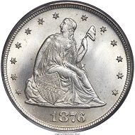 1876 Twenty Cent Piece, MS67 PCGS. Realized price: 88,125 USD.