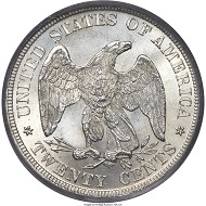 1876 Twenty Cent Piece, MS67 PCGS. Realized price: 88,125 USD.