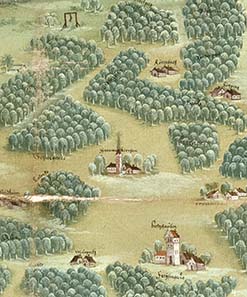 Hermannskirchen (in the middle of the picture) near Landshut on a map from 1584.