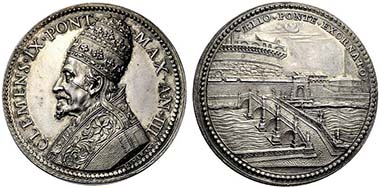 Clement IX. Medal 1669 by Alberto Hamerani on the redesigned Ponte Sant'Angelo.