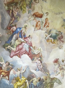 Ceiling fresco of St. Charles Church in Vienna. It features St. Charles Borromeo in the middle, clad in the cardinal attire. Behind him Virgin Mary interceding for him, to her son, God the Father and the Holy Spirit. Photo: UK.