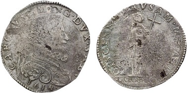 Charles Emanuel I of Savoy (1580-1630). 9 fiorini 1614, Turin. Rv. St. Charles Borromeo. – Charles Emanuel had coins minted in honor of St. Charles Borromeo to whom he got acquainted when the Archbishop traveled to Turin. From Astarte sale 22 (2010), 414.