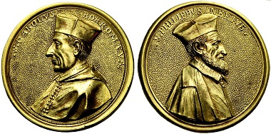 1680 medal by Giuseppe Vismara on Charles Borromeo and Philipp Neri. From NAC sale 53 (2009), 669.