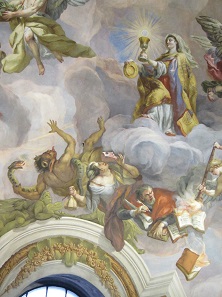 Personification of Faith (with chalice and paten), banishing evil to hell. Where Charles Borromeo is, the victory over the evil Counter-Reformation isn’t far. Also, an angel sets the unholy books on fire with a torch. Photo: UK.