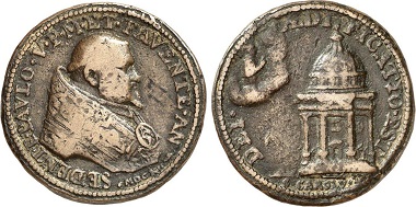 Paul V, 1605-1621. Bronze medal 1612. Rv. Charles Borromeo sitting on clouds, blessing San Carlo Church in Rome erected in his honor. From the Jaggi Coll., Gorny & Mosch sale 226 (2014), No. 3428.