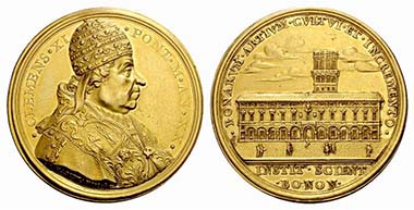 Clement XI. Medal from 1720 by Ermenegildo Hamerani on the enlargement of the University of Bologna.