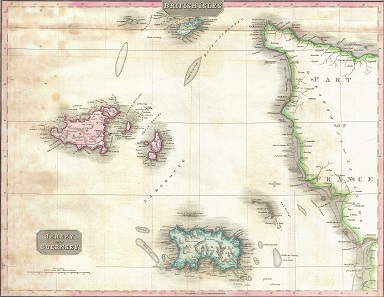The islands of Jersey and Guernsey in an 1818 map by J. Pinkerton. Source: Wikipedia.