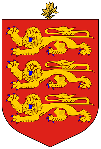 Guernsey’s coat of arms differs from the English one only by the small branch above the shield. Source: Wikipedia.