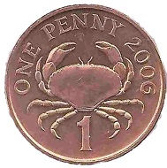 The reverse of a 1-penny-coin from Guernsey features a crab.