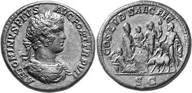 Caracalla, 197-217. Sestertius, 204. Rev. COS LVD SAEC FEC Caracalla performing a sacrifice from a patera at an altar, besides sacrifice puncher with pig, Bacchus and Hercules; in the exergue left lying Tellus. RIC 418. From auction Gorny & Mosch 138 (2005), 2226.