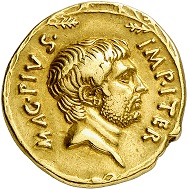 Lot 615: Sextus Pompey, +35 BC, with Pompey the Great and Gnaeus Pompeius. Aureus, 37-36 BC, Sicilian mint. Very rare. Very fine. Estimate: 75,000,- euros.