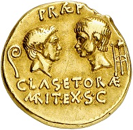 Lot 615: Sextus Pompey, +35 BC, with Pompey the Great and Gnaeus Pompeius. Aureus, 37-36 BC, Sicilian mint. Very rare. Very fine. Estimate: 75,000,- euros.
