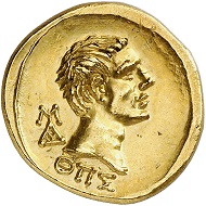 Lot 661: Polemon I of Bosporus for Augustus. Gold stater, year 289 (= 9/8 BC). From the collection of Grand Duke Alexander Mikhailovich Romanov. Extremely rare. Almost FDC showpiece. Estimate: 60,000,- euros.