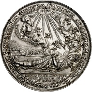 Lot 1721: Sweden. Silver medallion 1634 by Sebastian Dadler on the funeral of King Gustavus II Adolphus in Riddarholmskyrkan on June 22, 1634. Very rare. Extremely fine to FDC. Estimate: 5,000,- euros.