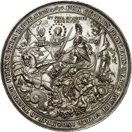 Lot 1721: Sweden. Silver medallion 1634 by Sebastian Dadler on the funeral of King Gustavus II Adolphus in Riddarholmskyrkan on June 22, 1634. Very rare. Extremely fine to FDC. Estimate: 5,000,- euros.