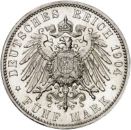 Lot 5553: Bremen. 5 marks 1904. Extremely rare. Almost FDC from Proof. Estimate: 35,000,- euros.
