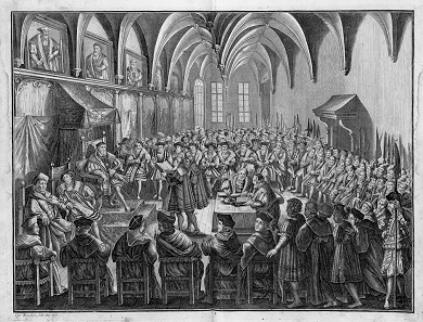 On June 25, 1530, Dr. Christian Beyer reads out the Augsburg Confession written by Melanchthon to Emperor Charles V. Copper engraving by Karl Remshard (1678-1735).