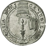 Nuremberg. Silver medal 1617 on the 100th anniversary of the Reformation. Estimate: 250 euros. From Künker sale 297 (September 27, 2017), No. 3572. – The image of hiding one’s light under a bushel became a symbol of Luther bringing the truth of the bible, which had been concealed by the Catholic Church, to light.