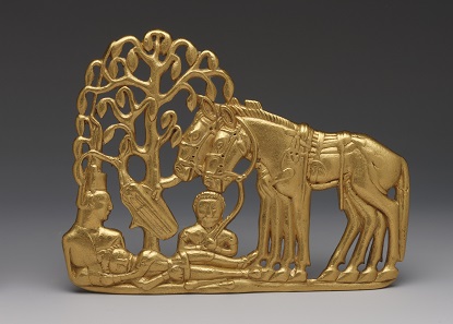 A gold belt plaque of a Scythian funerary scene. Gold; 4th – 3rd century BC. Siberian Collection of Peter the Great. © The State Hermitage Museum, St Petersburg, 2017. Photo: V Terebenin.