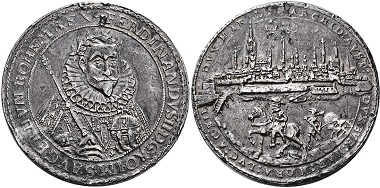 Lot 3157. Habsburgs. Ferdinand II, 1619-1637. Triple jagdtaler 1626, Breslau. Rv. The emperor with plume hat riding l., behind him hunters and two hunting dogs at the gates of Vienna. Extremely rare. Very fine to extremely fine. Estimate: 20,000 euros. From Hirsch Nachf. sale 333 (September 21, 2017).