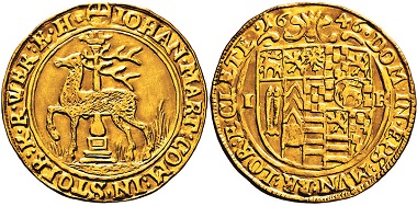 Lot 3286. Stolberg. Johann Martin, 1638-1669. 2 ducats 1646, Rottleberode. Av. Deer standing l. at a column. Extremely rare. Very fine to extremely fine. Estimate: 7,500,- euros. From Hirsch Nachf. sale 333 (September 21, 2017).