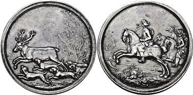 Lot 3183. Hesse-Darmstadt. Ludwig VIII. Jagdtaler 1751, Darmstadt. Av. Stag chased by hunting dogs. Rv. the handler of the hunting pack galloping. Very rare. Almost extremely fine. Estimate: 7,500,- euros. From Hirsch Nachf. sale 333 (September 21, 2017).