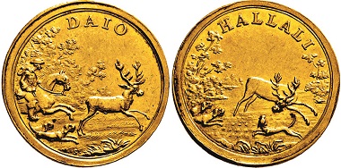 Lot 3169. Hesse-Darmstadt. Ludwig VIII, 1739-1768. 2 ducats no year (around 1750), Darmstadt. Av. Parforce hunt for a twelve-pointer. Rv. The twelve-pointer being caught by three hunting dogs. Very rare. Extremely fine to FDC. Estimate: 10,000,- euros. From Hirsch Nachf. sale 333 (September 21, 2017).