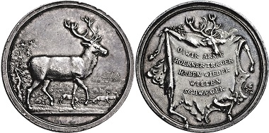 Lot 3178. Hesse-Darmstadt. Ludwig VIII, 1739-1768. Hirschtaler no date (around 1750), Darmstadt. Av. Deer in front of Kranichstein Castle. Rv. Stretched deer hide (= deer skin) with allusive saying regarding cuckolded husbands. Very rare. Extremely fine. Estimate: 4,000,- euros. From Hirsch Nachf. sale 333 (September 21, 2017).