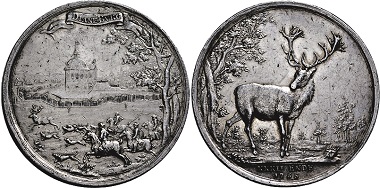 Lot 3184. Hesse-Darmstadt. Ludwig VIII, 1739-1768. Double jagdtaler 1765, Darmstadt. Av. Parforce hunt in front of Dianaburg Castle. Rv. Standing thirty-two-pointer. Rare. Very fine. Estimate: 2,000,- euros. From Hirsch Nachf. sale 333 (September 21, 2017).
