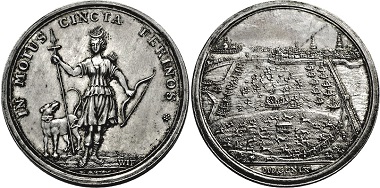 Lot 3254. Saxony. Medal 1719 on the wedding of Electoral Prince Friedrich August with Archduchess Maria Josepha of Austria. Av. Artemis as huntress with spear, quiver, and hunting dog. Rv. Water hunt in front of the Dresden cityscape. Very rare. Extremely fine to almost FDC. Estimate: 5,000,- euros. From Hirsch Nachf. sale 333 (September 21, 2017).