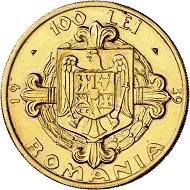 Carol II. 100 lei 1939 on the 100th anniversary of Carol I. From Phoibos collection. Very rare. Extremely fine. Estimate: 15,000,- euros. From Künker sale 298 (September 28, 2017), No 4440.