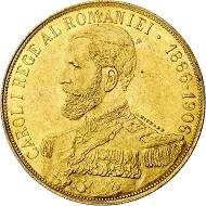 Carol I. 50 lei 1906, Brussels, on the 40-year anniversary of Carol I in office. From Phoibos collection. Extremely fine. Estimate: 1,000,- euros. From Künker sale 298 (September 28, 2017), No 4436.