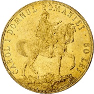 Carol I. 50 lei 1906, Brussels, on the 40-year anniversary of Carol I in office. From Phoibos collection. Extremely fine. Estimate: 1,000,- euros. From Künker sale 298 (September 28, 2017), No 4436.