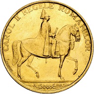 Carol II. 12 ducats 1940, Bucharest, on the 10-year jubilee of government in office. From Phoibos collection. Very rare. Extremely fine to FDC. Estimate: 7,500,- euros. From Künker sale 298 (September 28, 2017), No 4443.