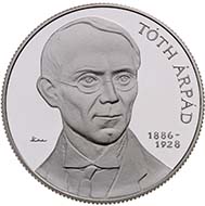Hungary - 5000 HUF - 925 silver - 31.46 g - 38.61 mm - 125th Anniversary of Birth of Árpád Tóth - 2,000 (BU) and 6,000 (proof) - M. Csikai.