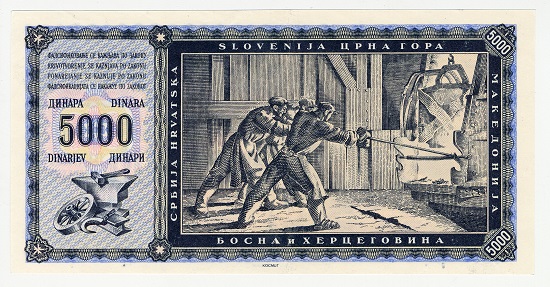 Yugoslavia, 5000 dinara, 1950. The foundry was a common motif in Socialist art, a metaphor for the forging of the communism state. © The Trustees of the British Museum.