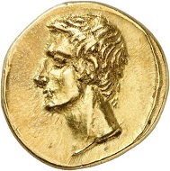 295 / Lot 661: Polemon I of Bosporus for Augustus. Gold stater, year 289 (= 9/8 BC). From the collection of Grand Duke Alexander Mikhailovich Romanov. Extremely rare. Almost FDC showpiece. Estimate: 60,000,- euros. Hammer price: 80,000,- euros.