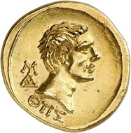 295 / Lot 661: Polemon I of Bosporus for Augustus. Gold stater, year 289 (= 9/8 BC). From the collection of Grand Duke Alexander Mikhailovich Romanov. Extremely rare. Almost FDC showpiece. Estimate: 60,000,- euros. Hammer price: 80,000,- euros.