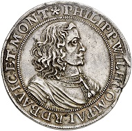 296 / Lot 2355: Jülich-Berg. Philipp Wilhelm, 1653-1679. Reichstaler 1663, Düsseldorf. From the collection of a history enthusiast. From the Schulthess-Rechberg Collection (1869), No. 4327. Extremely rare. Almost extremely fine. Estimate: 10,000,- euros. Hammer price: 30,000,- euros.