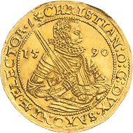 297 / Lot 3712: Saxony. Christian I, 1586-1591. 2 ducats 1590, Dresden. Very rare. Extremely fine. Estimate: 25,000,- euros. Hammer price: 50,000,- euros.