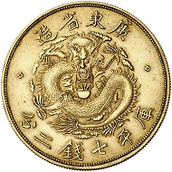 298 / Lot 4266: China. Trial strikes of the Prägeanstalt Otto Beh, Esslingen. Kwangtung Province. 1 dollar (7 mace, 2 candareens), no date (1890). Brass pattern made by the Louis Schuler company, Göppingen. Probably the only specimen available on the market. Extremely fine. Estimate: 20,000,- euros. Hammer price: 55,000,- euros.