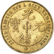 298 / Lot 4266: China. Trial strikes of the Prägeanstalt Otto Beh, Esslingen. Kwangtung Province. 1 dollar (7 mace, 2 candareens), no date (1890). Brass pattern made by the Louis Schuler company, Göppingen. Probably the only specimen available on the market. Extremely fine. Estimate: 20,000,- euros. Hammer price: 55,000,- euros.