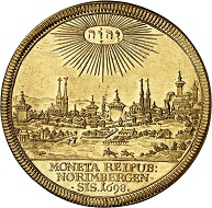 298 / Lot 4971: Nuremberg. 5 ducats 1698 on the centenary of the Peace of Ryswick. From the Phoibos Collection. Very rare. Graded PCGS MS62. Almost FDC. Estimate: 10,000,- euros. Hammer price: 55,000,- euros.