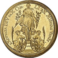 298 / Lot 4971: Nuremberg. 5 ducats 1698 on the centenary of the Peace of Ryswick. From the Phoibos Collection. Very rare. Graded PCGS MS62. Almost FDC. Estimate: 10,000,- euros. Hammer price: 55,000,- euros.