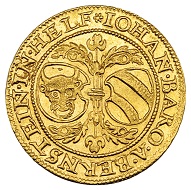 298 / Lot 5040: Glatz. Johann von Pernstein, 1537-1548. Ducat 1544, Glatz. From the Phoibos Collection. Extremely rare. Extremely fine to FDC. Estimate: 20,000,- euros. Hammer price: 34,000,- euros.
