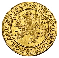 298 / Lot 5040: Glatz. Johann von Pernstein, 1537-1548. Ducat 1544, Glatz. From the Phoibos Collection. Extremely rare. Extremely fine to FDC. Estimate: 20,000,- euros. Hammer price: 34,000,- euros.